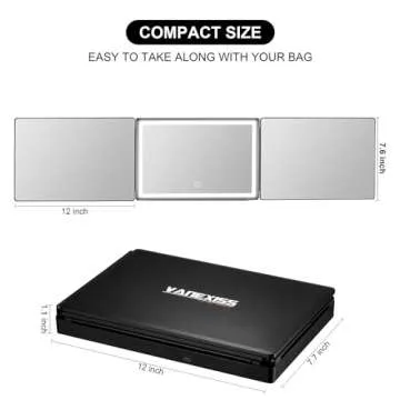 Vanexiss Rechargeable 3 Way Mirror for Hair Cutting, Real Glass Adjustable Trifold Mirror with 3 Color Temps LED Light & Telescoping Hooks for Makeup, Shaving & Styling