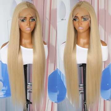 QD-Tizer Ash Blonde Synthetic Hair Wigs Long Straight Hair Mixed Platinum Blonde Color Natural HairLine Heat Resistant Fiber Hair Wigs for Fashion Women 32Inch