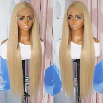 QD-Tizer Ash Blonde Synthetic Hair Wigs Long Straight Hair Mixed Platinum Blonde Color Natural HairLine Heat Resistant Fiber Hair Wigs for Fashion Women 32Inch