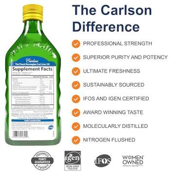 Carlson - Cod Liver Oil, 1100 mg Omega-3s, Liquid Fish Oil Supplement, Wild-Caught Norwegian Arctic , Sustainably Sourced Nordic Fish Oil Liquid, Lemon, 500 ml