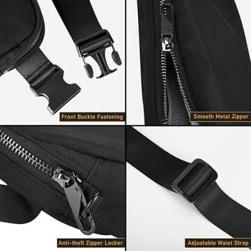 MELCOU Fanny Pack with Anti Theft for Women Men, Unisex Small Crossbody Belt Bag for Traveling Hiking Running Workout, Everywhere Waist Bag Pack with Adjustable Strap - Black