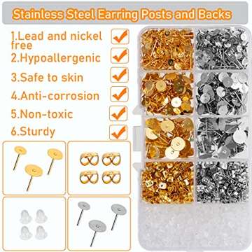 1460 Pcs Earring Posts and Backs, Gold Earring Jewelry Making Supplies Hypoallergenic Earring Studs for Jewelry Making with Butterfly Earring Backs and Rubber Bullet Earring Backs(4mm,6mm,8mm)