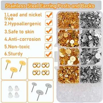 1460 Pcs Earring Posts and Backs, Gold Earring Jewelry Making Supplies Hypoallergenic Earring Studs for Jewelry Making with Butterfly Earring Backs and Rubber Bullet Earring Backs(4mm,6mm,8mm)