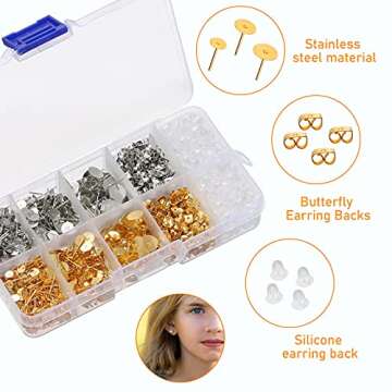 1460 Pcs Earring Posts and Backs, Gold Earring Jewelry Making Supplies Hypoallergenic Earring Studs for Jewelry Making with Butterfly Earring Backs and Rubber Bullet Earring Backs(4mm,6mm,8mm)