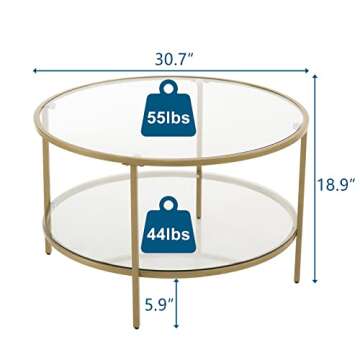VINGLI Glass Coffee Table, 30" Round Champagne Gold Coffee Tables for Living Room,2-Tier Glass Top C...
