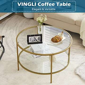 VINGLI Glass Coffee Table, 30" Round Champagne Gold Coffee Tables for Living Room,2-Tier Glass Top Coffee Table with Storage Clear Coffee Table,Simple & Modern Center Table Mesa de Centro para Sala