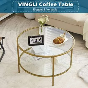 VINGLI Glass Coffee Table, 30" Round Champagne Gold Coffee Tables for Living Room,2-Tier Glass Top Coffee Table with Storage Clear Coffee Table,Simple & Modern Center Table Mesa de Centro para Sala