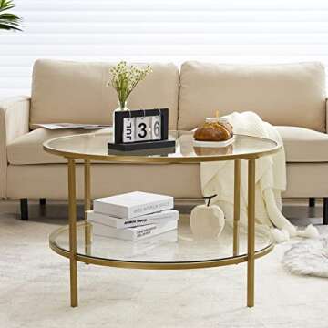 VINGLI Glass Coffee Table, 30" Round Champagne Gold Coffee Tables for Living Room,2-Tier Glass Top Coffee Table with Storage Clear Coffee Table,Simple & Modern Center Table Mesa de Centro para Sala