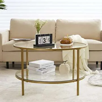 VINGLI Glass Coffee Table, 30" Round Champagne Gold Coffee Tables for Living Room,2-Tier Glass Top Coffee Table with Storage Clear Coffee Table,Simple & Modern Center Table Mesa de Centro para Sala