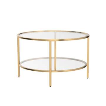 VINGLI Glass Coffee Table, 30" Round Champagne Gold Coffee Tables for Living Room,2-Tier Glass Top Coffee Table with Storage Clear Coffee Table,Simple & Modern Center Table Mesa de Centro para Sala