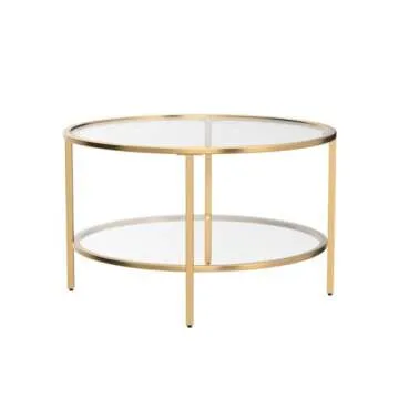 VINGLI Glass Coffee Table, 30" Round Champagne Gold Coffee Tables for Living Room,2-Tier Glass Top Coffee Table with Storage Clear Coffee Table,Simple & Modern Center Table Mesa de Centro para Sala