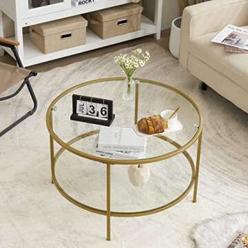 VINGLI Glass Coffee Table, 30" Round Champagne Gold Coffee Tables for Living Room,2-Tier Glass Top Coffee Table with Storage Clear Coffee Table,Simple & Modern Center Table Mesa de Centro para Sala