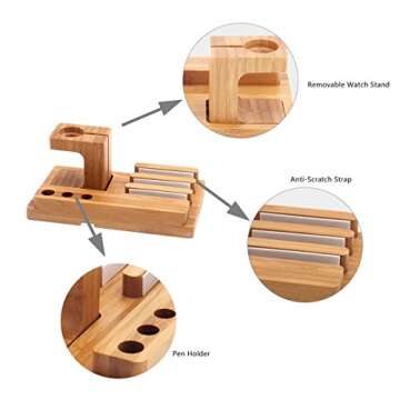 Blue Hole Wood Phone Stand, 3 in 1 Bamboo Wood Charging Station Organizer Adjustable for Smart Watch, Multi Device Docking Place for Phone Pad Tablet and Pen Holder