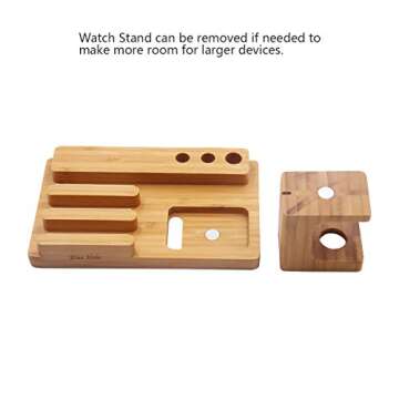 Blue Hole Wood Phone Stand, 3 in 1 Bamboo Wood Charging Station Organizer Adjustable for Smart Watch, Multi Device Docking Place for Phone Pad Tablet and Pen Holder