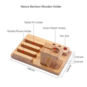 Blue Hole Wood Phone Stand, 3 in 1 Bamboo Wood Charging Station Organizer Adjustable for Smart Watch, Multi Device Docking Place for Phone Pad Tablet and Pen Holder