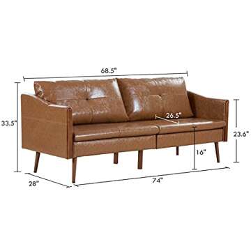 Vonanda Faux Leather Sofa Couch, Mid Century Modern Leather Couch 3-Seater Leather Sofa with Clean L...