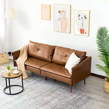 Vonanda Faux Leather Sofa Couch, Mid Century Modern Leather Couch 3-Seater Leather Sofa with Clean Lines and Wooden Decor on Sofa Armrest for Living Room, Caramel