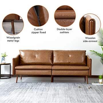 Vonanda Faux Leather Sofa Couch, Mid Century Modern Leather Couch 3-Seater Leather Sofa with Clean Lines and Wooden Decor on Sofa Armrest for Living Room, Caramel