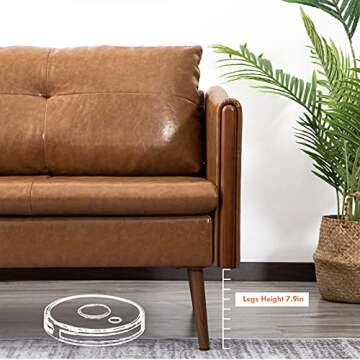 Vonanda Faux Leather Sofa Couch, Mid Century Modern Leather Couch 3-Seater Leather Sofa with Clean Lines and Wooden Decor on Sofa Armrest for Living Room, Caramel