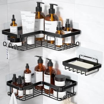YASONIC 3-Pack Corner Adhesive Shower Caddy - Rustproof Stainless Steel with Soap Holder & 12 Hooks