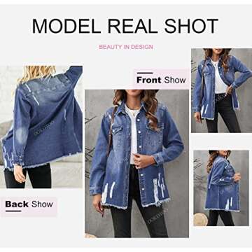 Dokotoo Women's Jean Jacket Frayed Washed Button Up Denim Jacket Shackets Spring Outfits Oversize Vintaged Casual Fashion Long Sleeve Denim Shirts for Women Boyfriend Jean Jackets for Women Blue S