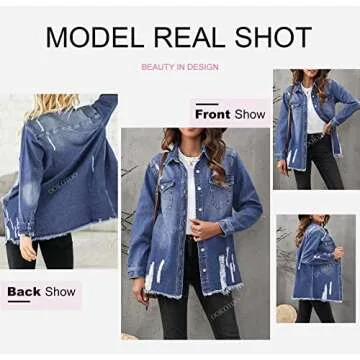 Dokotoo Women's Jean Jacket Frayed Washed Button Up Denim Jacket Shackets Spring Outfits Oversize Vintaged Casual Fashion Long Sleeve Denim Shirts for Women Boyfriend Jean Jackets for Women Blue S