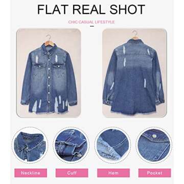 Dokotoo Women's Jean Jacket Frayed Washed Button Up Denim Jacket Shackets Spring Outfits Oversize Vintaged Casual Fashion Long Sleeve Denim Shirts for Women Boyfriend Jean Jackets for Women Blue S
