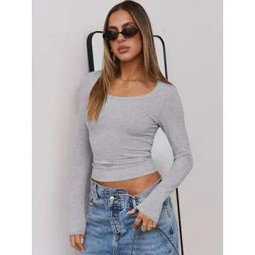 ANRABESS Women Long Sleeve Crop Tops Scoop Neck Ribbed Knit Tight Slim Fit 2025 Fall Going Out Sexy ...