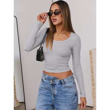 ANRABESS Women Long Sleeve Crop Tops Scoop Neck Ribbed Knit Tight Slim Fit 2025 Fall Going Out Sexy T-Shirts Basic Tee Shirts Grey Large