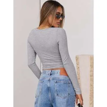 ANRABESS Women Long Sleeve Crop Tops Scoop Neck Ribbed Knit Tight Slim Fit 2025 Fall Going Out Sexy T-Shirts Basic Tee Shirts Grey Large