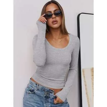ANRABESS Women Long Sleeve Crop Tops Scoop Neck Ribbed Knit Tight Slim Fit 2025 Fall Going Out Sexy T-Shirts Basic Tee Shirts Grey Large