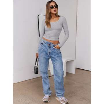 ANRABESS Women Long Sleeve Crop Tops Scoop Neck Ribbed Knit Tight Slim Fit 2025 Fall Going Out Sexy T-Shirts Basic Tee Shirts Grey Large