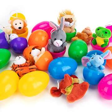 NEWBEA 24 Pcs Filled Easter Eggs with Plush Animal Toys,Plastic Easter Eggs with Toys Basket Stuffers Fillers, Classroom Prize Supplies