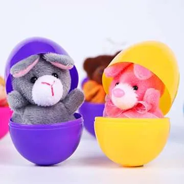 NEWBEA 24 Pcs Filled Easter Eggs with Plush Animal Toys,Plastic Easter Eggs with Toys Basket Stuffers Fillers, Classroom Prize Supplies