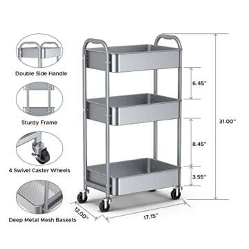 MAX Houser 3-Tier Kitchen Cart Multifunctional Rolling Utility Cart with Lockable Wheels, Storage Cr...