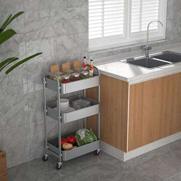 MAX Houser 3-Tier Kitchen Cart Multifunctional Rolling Utility Cart with Lockable Wheels, Storage Craft Art Cart Trolley Organizer Serving Cart Easy Assembly for Office, Bathroom,Kitchen(Silvery-Grey)