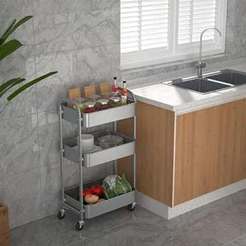 MAX Houser 3-Tier Kitchen Cart Multifunctional Rolling Utility Cart with Lockable Wheels, Storage Craft Art Cart Trolley Organizer Serving Cart Easy Assembly for Office, Bathroom,Kitchen(Silvery-Grey)