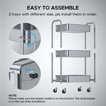 MAX Houser 3-Tier Kitchen Cart Multifunctional Rolling Utility Cart with Lockable Wheels, Storage Craft Art Cart Trolley Organizer Serving Cart Easy Assembly for Office, Bathroom,Kitchen(Silvery-Grey)