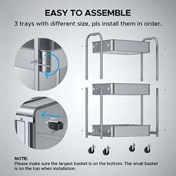 MAX Houser 3-Tier Kitchen Cart Multifunctional Rolling Utility Cart with Lockable Wheels, Storage Craft Art Cart Trolley Organizer Serving Cart Easy Assembly for Office, Bathroom,Kitchen(Silvery-Grey)