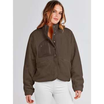 ANRABESS Womens Fuzzy Fleece Jacket Fall Casual Long Sleeve Cropped Sherpa Button Down Shacket Coats Outwear With Pockets Coffee Medium
