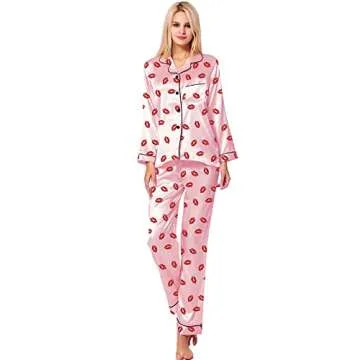SWOMOG Pajamas Set Long Sleeve Sleepwear Womens Button Down Nightwear Soft Pj Lounge