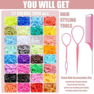 2400 Pcs Colorful Rubber Bands for Hair with Styling Tools for Kids