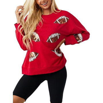 ChiyeeKiss Women’s Sparkle Football Sequin Rugby Sweatshirt - Game Day Stylish Comfort