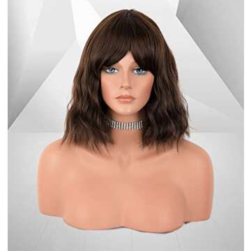 LANOVA Medium Brown Short Wig with Bangs for Women