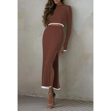 Pink Queen 2 Piece Skirt Outfits for Women Knit Sweater Crop Top Bodycon Party Cocktail Fall Blazer Dresses Chocolate S