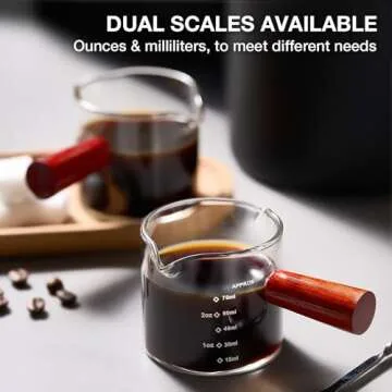 2 Pack Espresso Measuring Cups Glass, Small Measuring Double Shot Glass with Wood Handle, Clear Glass Espresso Accessories, Coffee Measuring Cup, Espresso Shot Glass with V-Shaped Mouth, Milk Pitcher