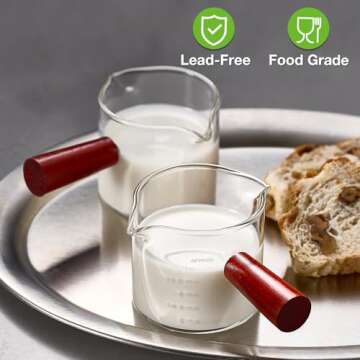 2 Pack Espresso Measuring Cups Glass, Small Measuring Double Shot Glass with Wood Handle, Clear Glass Espresso Accessories, Coffee Measuring Cup, Espresso Shot Glass with V-Shaped Mouth, Milk Pitcher