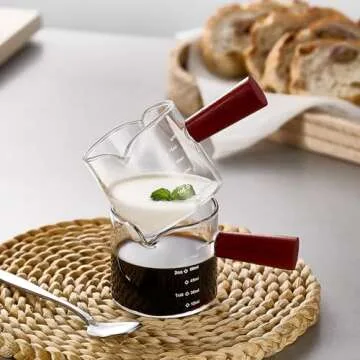 2 Pack Espresso Measuring Cups Glass, Small Measuring Double Shot Glass with Wood Handle, Clear Glass Espresso Accessories, Coffee Measuring Cup, Espresso Shot Glass with V-Shaped Mouth, Milk Pitcher