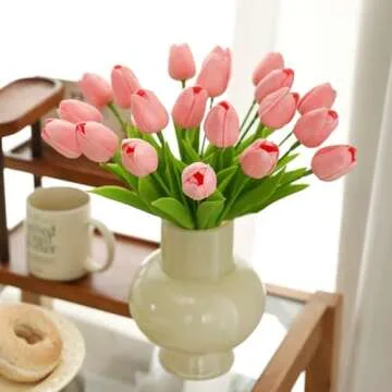 ucky Pink Artificial Flowers - 20 Pcs Fake Tulips, Realistic Touch Spring Summer Fake Flowers, for Home Decor, Outdoor Garden Parties and Wedding Decorations, Mother's Day, Easter Gifts