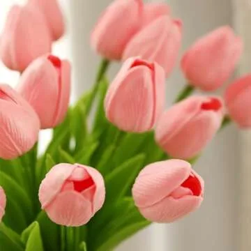 ucky Pink Artificial Flowers - 20 Pcs Fake Tulips, Realistic Touch Spring Summer Fake Flowers, for Home Decor, Outdoor Garden Parties and Wedding Decorations, Mother's Day, Easter Gifts